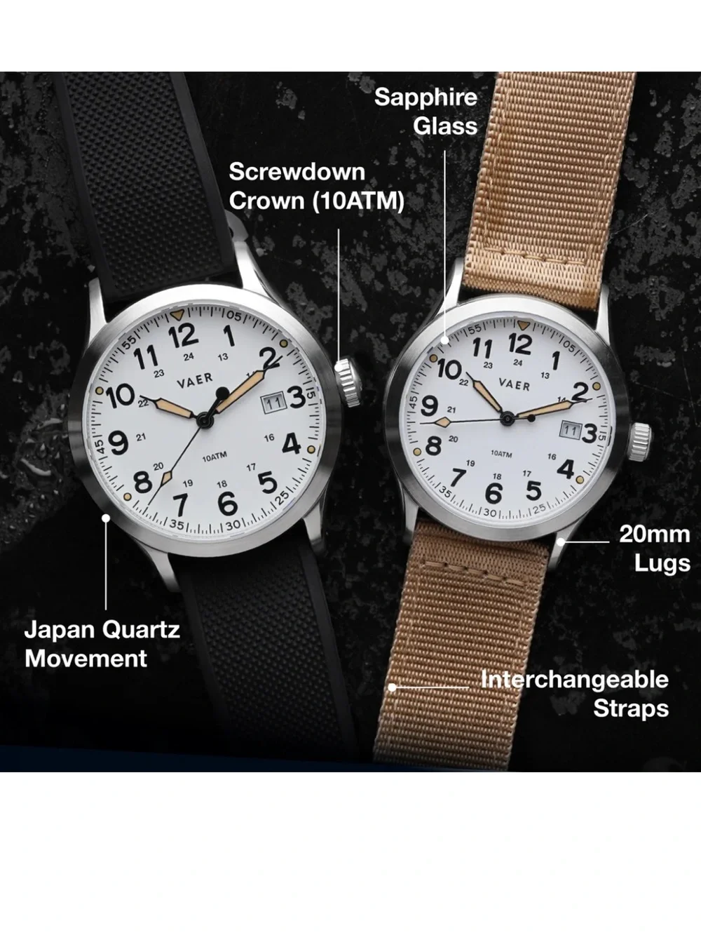 VAER S5 Calendar Field White Watch - 40mm Quartz Stainless Steel & Rubber Strap